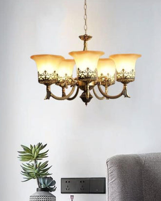 Antique Brass & Frosted Glass Chandelier