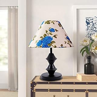 Homenique Blue Flower Shade Table Lamps with Metal Base for Bedroom, Vintage Night Side Lamps Light Decoration for Home, Living Room Made in India Black