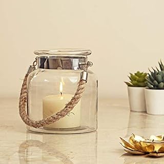 DECENT GLASS Elegant Clear Glass Lantern with Jute Handle - Small (Clear, Med)