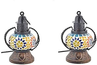 SwuD Wooden & Iron Lamp for Home Decoration, Festival Light Decoration Lamps | Multi Colour Shade Lamp for Gift | Table Decor lamp | Lamp for Festival Item (Set of 2)