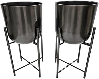 INDIAN DECORMART Metal Planter with Stand (Metallic Dark Grey (Medium, Pack of 2))