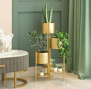 SH IMPEX Modern Metal Floor Flower Stands Planter for Living Room Bedroom Display Plant Stand Tall Indoor Plant Stand with Planter Pot (Gold)