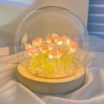 LED Glass Dome Table Lamp with Orange Artificial Flowers & Wooden Base | Decorative Night Light for Home, Bedroom & Office Décor | Ideal Gift Item