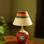 ExclusiveLane 'Warli Handpainted Matki' Home Decorative Terracotta Bedside LED Table Lamp for Living Room Bedroom(13 Inch,Red,Without Bulb,Pack of 1)|Side Table Lamps for Home Decoration Side Lamp