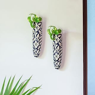ExclusiveLane Midnight Bloom' Ceramic Wall Planters for Living Room & Balcony (Set of 2)|Wall Planter for Home Decoration Wall Hanging Planter Wall Mounted Planter, Midnight Blue and White