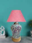 Devansh Conical Pink Jute Shade Lamp with Wood & MosaicGlass Base for Decoration/Office/Home/Gifting/Study for Decoration/Office/Home/Gifting/Study -(10x10x14.5) Inches -