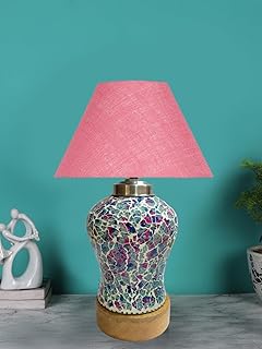 Devansh Conical Pink Jute Shade Lamp with Wood & MosaicGlass Base for Decoration/Office/Home/Gifting/Study for Decoration/Office/Home/Gifting/Study -(10x10x14.5) Inches -