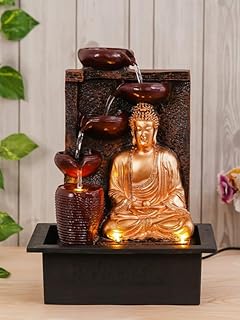 Craft Smith Polyresin Golden Brown Meditating Buddha Tabletop Indoor 4 Diya Steps Water Fountain for Home Decor with Yellow LED Light & Speed Controller Pump (Size: 40 x 29.5 x 22CM | Wt: 2685grm)