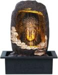 INDIANA CRAFT Polyresin Tabletop Gold Brown Meditating Buddha Sitting in Cave Style Indoor Front Curtain Water Fountain for Home Decor with LED Light, Speed Controller Pump (Size: 40 x 22 x 29.5CM)