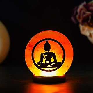 eCraftIndia Meditating Lord Buddha Decorative Himalayan Salt Lamp with Wooden Base - Lamp for Home Decoration - Gift for Diwali Buddha Purnima Christmas Birthday Housewarming New Year
