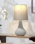Homesake Modern Small Ceramic LED Table Lamp, Classic Bedside Desk Lamp for Living Room Bedroom, Farmhouse Nightstand Lamps with Fabric Shade (Gray)