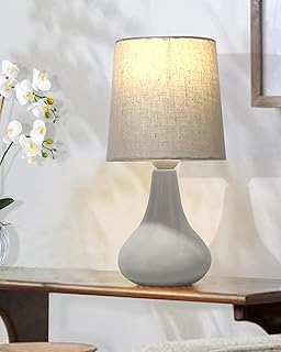 Homesake Modern Small Ceramic LED Table Lamp, Classic Bedside Desk Lamp for Living Room Bedroom, Farmhouse Nightstand Lamps with Fabric Shade (Gray)