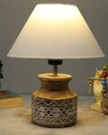 Homesake® Wood Table Lamp, Modern Base Fabric Lampshade for Home Office Cafe Restaurant, Whitewash Pot, (Beige)