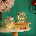 TIED RIBBONS Set of 2 Glass Lantern with Jute Rope Handle and Cork Led String Light for Home Decoration Living Room Decor Bedroom Wedding Festive Decorative Gift Items (16.7 X 15.1 X 13.9 cm)
