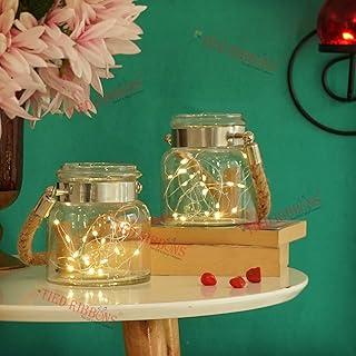 TIED RIBBONS Set of 2 Glass Lantern with Jute Rope Handle and Cork Led String Light for Home Decoration Living Room Decor Bedroom Wedding Festive Decorative Gift Items (16.7 X 15.1 X 13.9 cm)