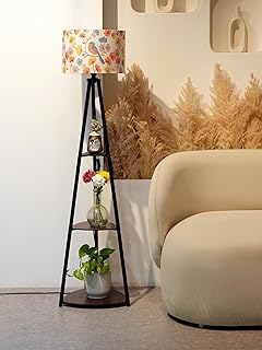 Crosscut Furniture- Printed Series Tripod Floor Lamp with 3 Shelves, LED Bulb Included (Retro Robin)