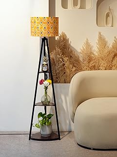 Crosscut Furniture- Printed Series Tripod Floor Lamp with 3 Shelves, LED Bulb Included (Fresh Yellow)