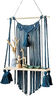Kaahira Boho Decor Macrame Wall Hanging Shelf Home Decors Storage Floating Shelves for Books and Planters Livingroom, Bedroom - Blue Color - 12x5x18 inches