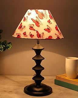 Twiligt Black Metal Table Lamp with Fabric Shade, B22 Holder, Pillar, Beige (Printed Butterfly)
