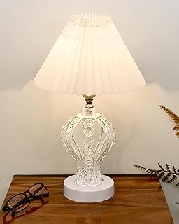 Homesake® Modern Round Small Crystal Table Lamp, Contemporary Bedroom Bedside Nightstand, Desk Globe Lamp for Home Decoration Living Room Kids Room,Strippy Vase,White Pleated