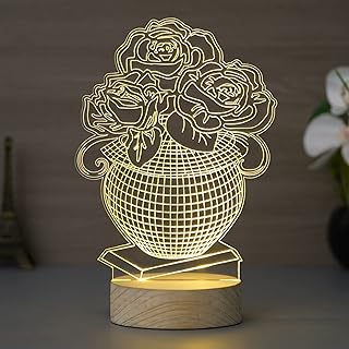 eCraftIndia Acrylic Wooden Base Rose Flower Pot Design Decorated Night Table Lamp For Living Room Bedroom|Desk Lamp|Bedside Lamp Gift for Diwali Housewarming Birthday Valentine Day Wedding Anniversary
