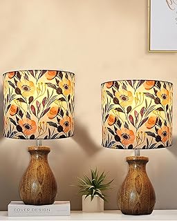 Homesake® Set of 2 Dovel Pot Modern Table Lamp, Wooden Base Modern Fabric Lampshade for Home Office Cafe Restaurant, (Flower Garden), LED