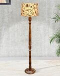 Homesake® Rustic Wood Floor Lamp in Walnut Brown, Multicolor Fabric Lamp Shade | Light Decoration for Home Corner, Living Room & Bedroom Bedside, Antique Floor Light, Hurricane, (Vine and Flowers)