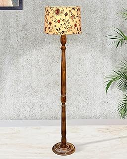 Homesake® Rustic Wood Floor Lamp in Walnut Brown, Multicolor Fabric Lamp Shade | Light Decoration for Home Corner, Living Room & Bedroom Bedside, Antique Floor Light, Hurricane, (Vine and Flowers)