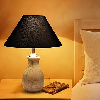 LAMPJUNCTION Mangowood Pot Style (Black with Cotton Shade) Table Lamp for Home Decoration, Bedroom, Living Room, Lounge, Office, Festival Gifting, Study Table (H - 13" / No Blub)