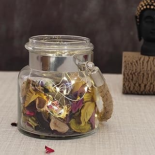 TIED RIBBONS Glass Lantern with Jute Rope Handle Cork Led String Light and Potpourri Petals for Home Decoration Items Wall Hanging Living Room Bedroom Wedding Festive Décor (16.7 X 15.1 X 13.9 cm)