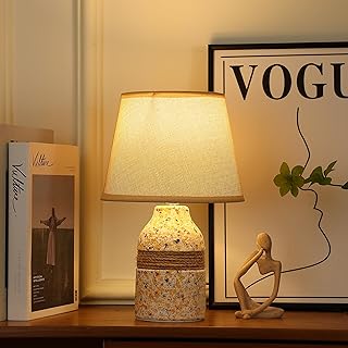 HOME ELEMENTS Floral Ceramic Table Lamp with Fabric Shade & Rope Detail Decorative Bedside Night Light for Bedroom Living Room Study Lamp Reading Desk lamp Nightstand Lamp 20x32cm (Beige)