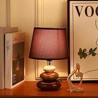 HOME ELEMENTS Modern Ceramic Table Lamp with Fabric Shade, Bedside Night Light for Bedroom Living Room, Study Lamp, Reading Desk lamp, Nightstand Lamp, Home Decor Items Stone Design (Dark Brown)