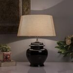Homesake Ceramic Pot Shaped Base Black Table Lamp with Shade | Vintage Night Living Room, Bedside, Mandir, Hall - Home Decor Items - Beige