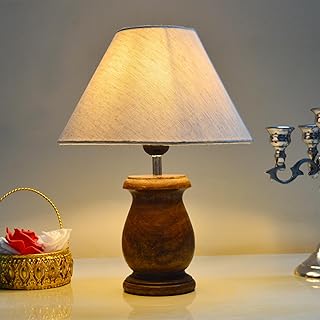 Decorcity Rustic Wooden Coolie Pot Table Lamp Dome Vintage Small Lamps Whitewash Decorative for Small Spaces Bedside Lamps Suitable for Nightstand Kids Room (Dowel Walnut Beige)