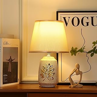 HOME ELEMENTS Decorative Ceramic Table Lamp with Gold Leaf Design, Cream Fabric Shade, Bedside Night Light for Bedroom Living Room, Home Decor Items, Study Lamp, Reading Desk lamp 20x32cm (Beige)