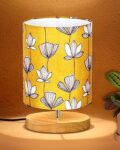 Homesake® Small Pine Table Lamp-Wooden Bedside Lamp Simple Bedroom Light Linen Shade Mini Desk Lamp Nightstand Lamps for Bedroom, Living Room, Gift, (Hibiscus Cylinder)