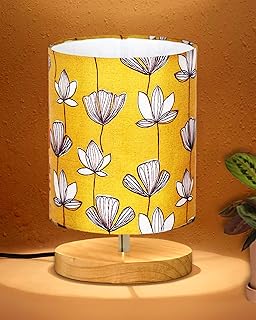 Homesake® Small Pine Table Lamp-Wooden Bedside Lamp Simple Bedroom Light Linen Shade Mini Desk Lamp Nightstand Lamps for Bedroom, Living Room, Gift, (Hibiscus Cylinder)