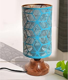 Pure Source India Metal Electric Lamp with Wooden Base and Lattice Design, Centerpiece for Home Decor/Dinning/Living Room/Bedroom/Office (26.5 cm) (Blue)