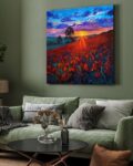 Canvas Wrapped Poppy Field Sunset Painting