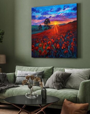 Canvas Wrapped Poppy Field Sunset Painting