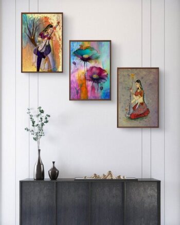 Mira Bai & Flower Print 3-Piece Wall Art Painting
