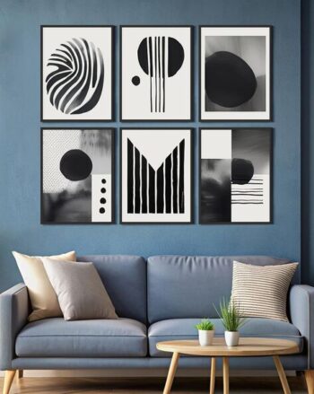 Set of 6 Monochrome Geometric Canvas Paintings 16" x 12"