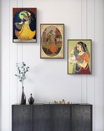 Shahjahan & Lady with Pigeon Print 3-Piece Wall Art Painting