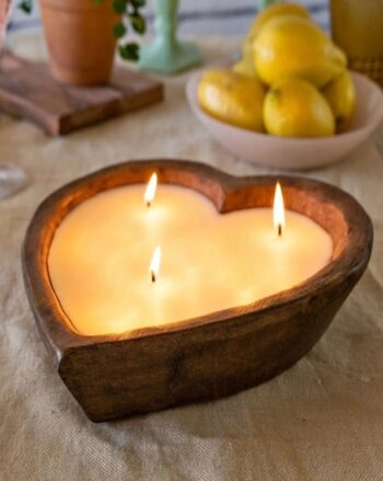 Heart Shape Scented Wooden Dough Bowl Candle