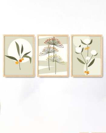 Abstract Floral Prints in Beige and Green – Set of 3