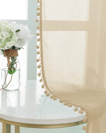 Set of 2 Eyelets Sheer Window Curtains with Pom-Pom