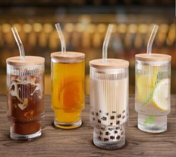 Ribbed Glass Coffee Sipper Bottle with Wooden Lid & Glass Straw